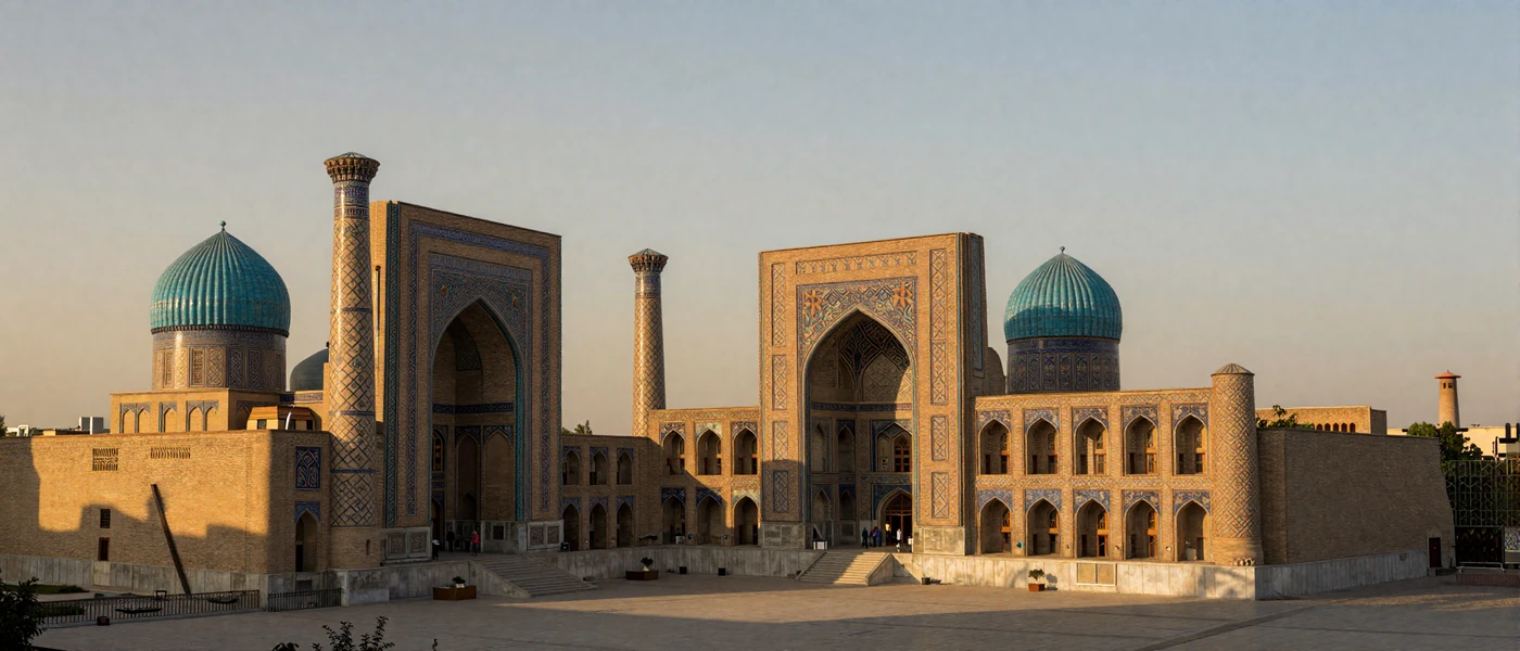 Beautiful Silk Road architecture in Samarkand, Uzbekistan at golden hour