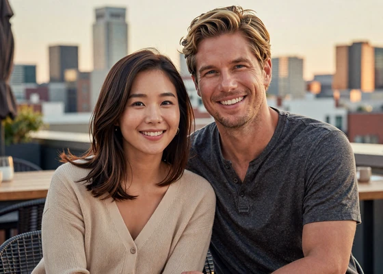 Brian from Colorado and Soo-Yeon from Korea enjoying a rooftop cafe together, a couple who met through Skobbler