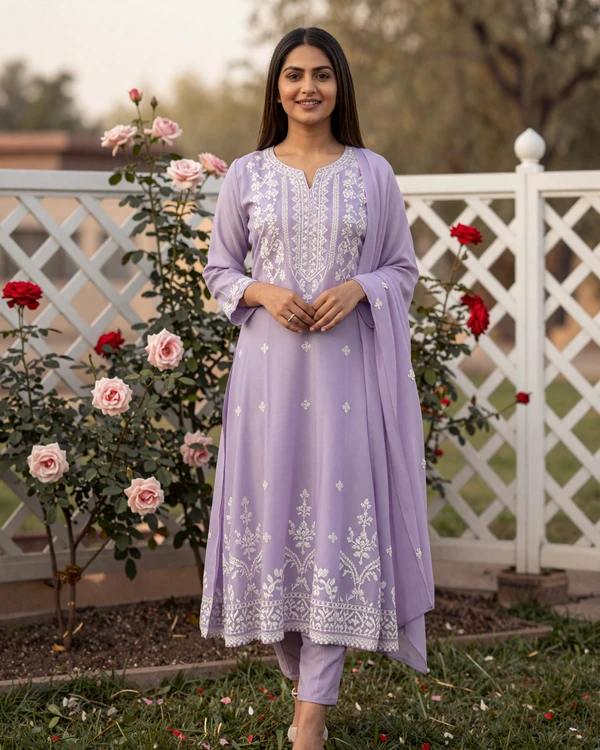 A graceful Pakistani woman in lavender shalwar kameez standing in a rose garden, representing the elegance and warmth of Pakistani singles