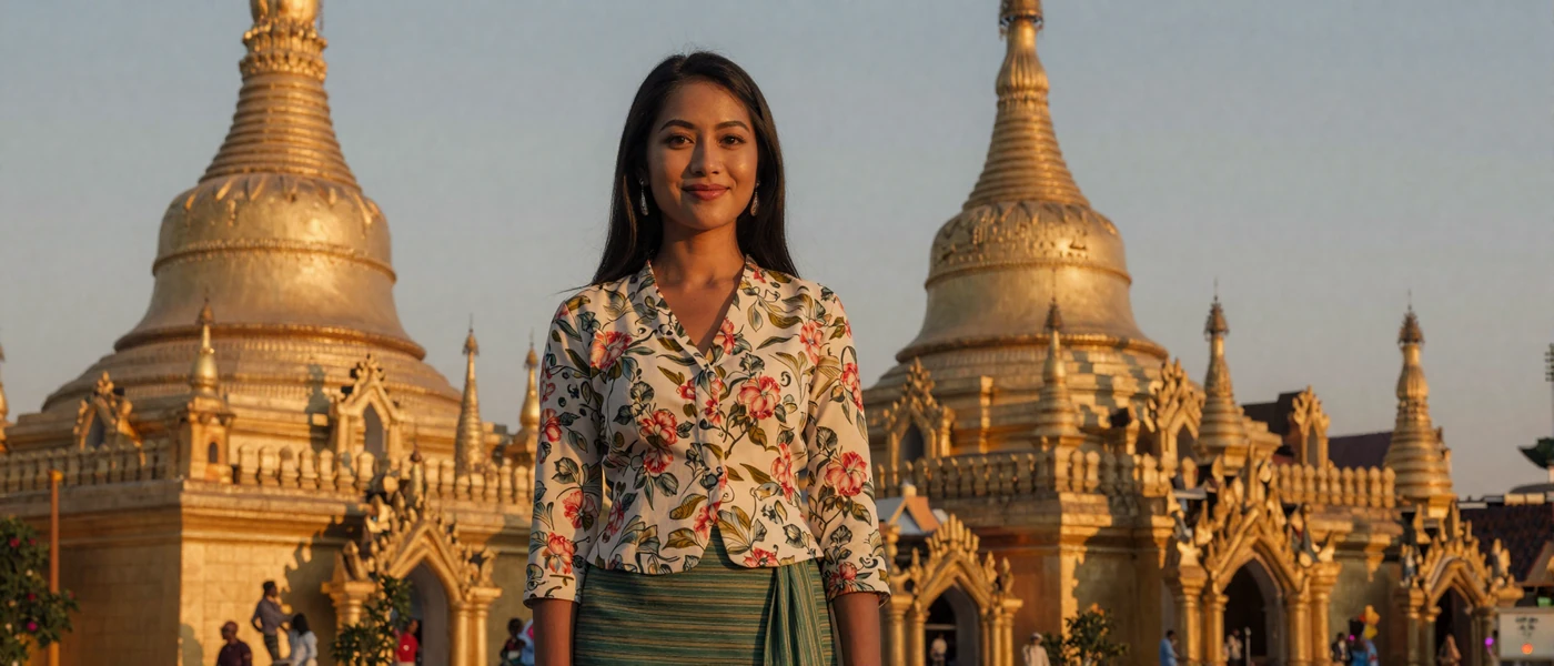 Beautiful Burmese woman in traditional attire near golden pagodas in Myanmar at sunset