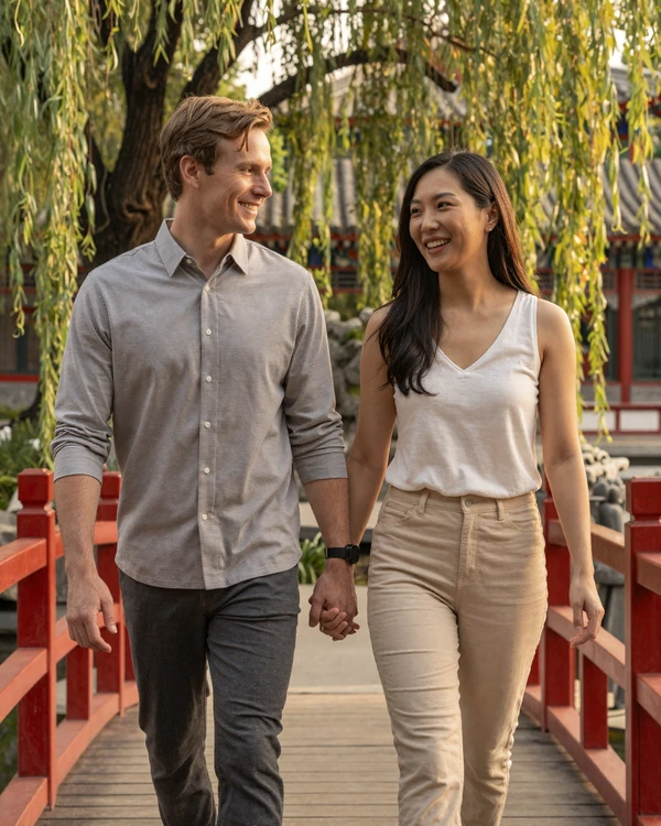 American man and Chinese woman walking together in a garden, representing successful cross-cultural relationships