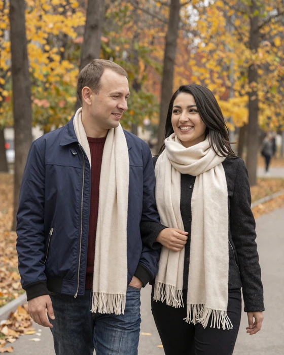 American man and Kyrgyz woman walking arm in arm through a park in Bishkek