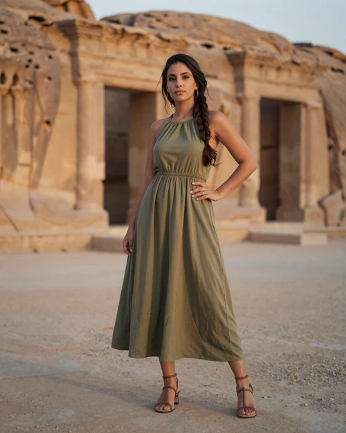 A confident Jordanian woman in everyday clothing standing before historic sandstone architecture in Jordan