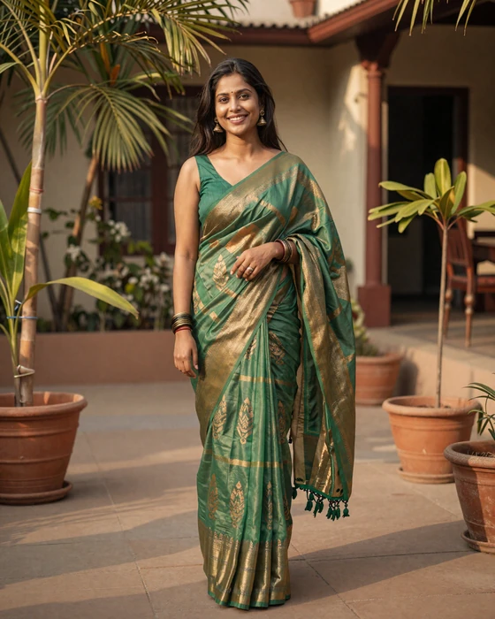 Beautiful Bangladeshi woman wearing a traditional green and gold sari in a sunlit courtyard, representing the warmth and cultural richness of Bangladeshi women on Skobbler