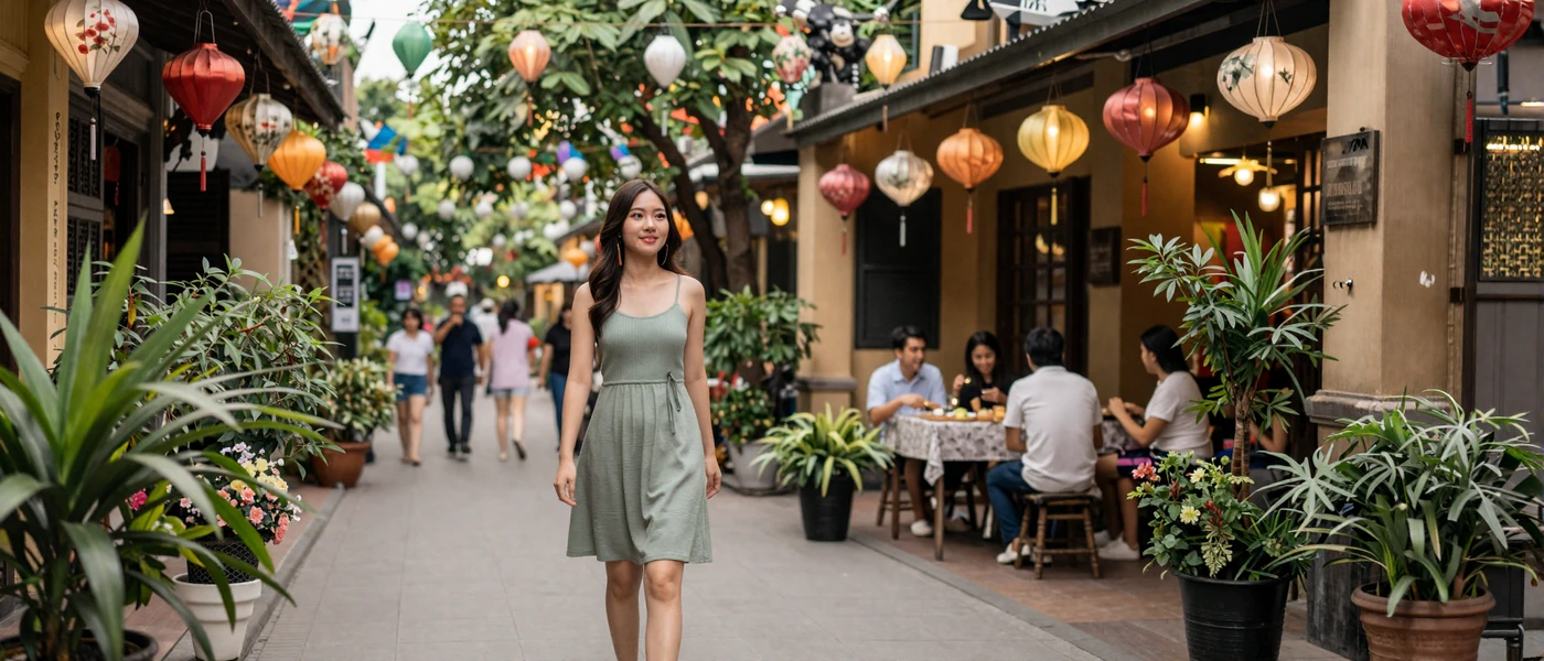 Charming Vietnamese woman walking through the historic Hanoi Old Quarter with colorful lanterns