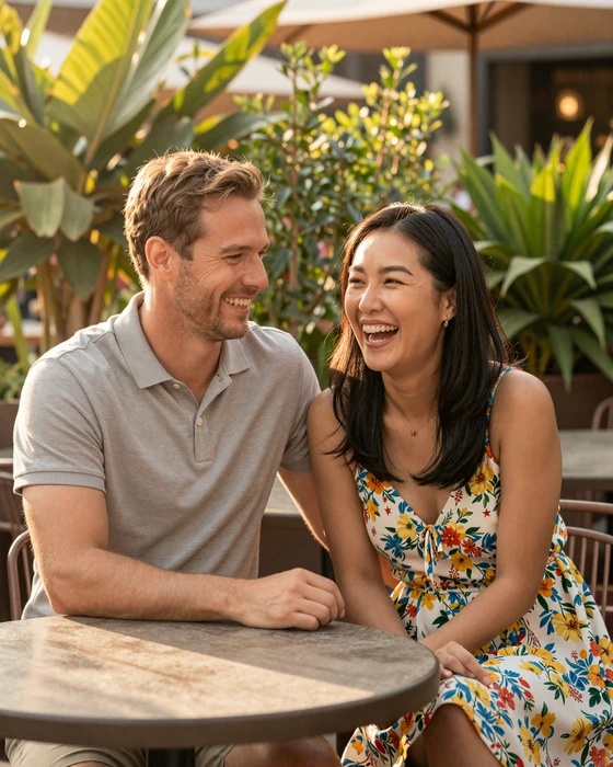 A happy American man and Thai woman laughing together at a cafe, representing a successful Skobbler match