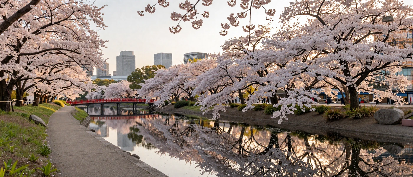 Scenic Japanese park with cherry blossom trees and a traditional bridge reflecting the elegance of Japanese dating culture