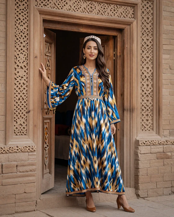 A Tajik woman wearing traditional atlas fabric dress standing by an ancient carved doorway in Istaravshan