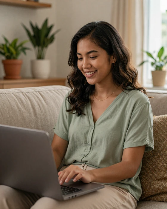 Filipina woman on a video call smiling warmly, representing long-distance Filipino dating