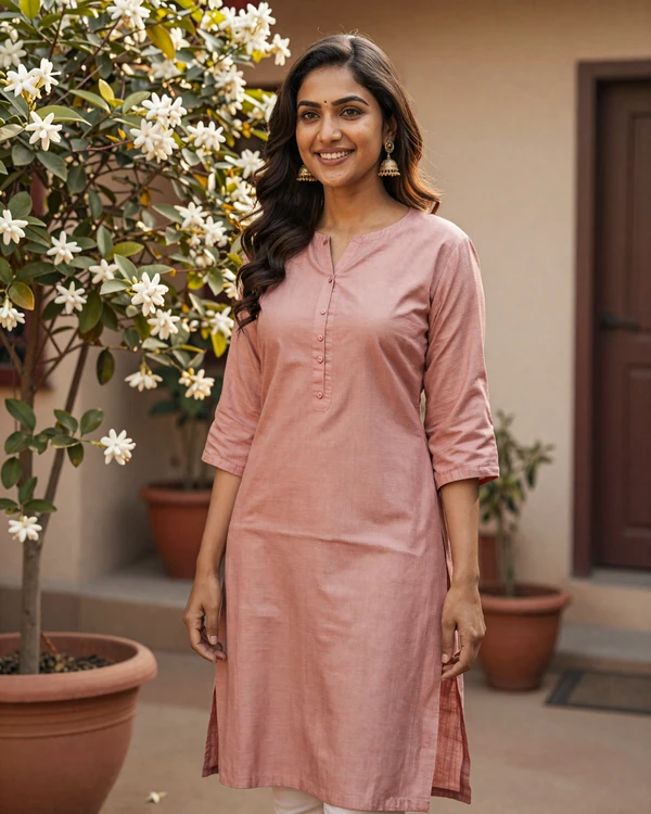 A graceful Indian woman in a dusty rose kurta standing in a jasmine garden courtyard, representing the elegance and warmth of Indian singles on Skobbler