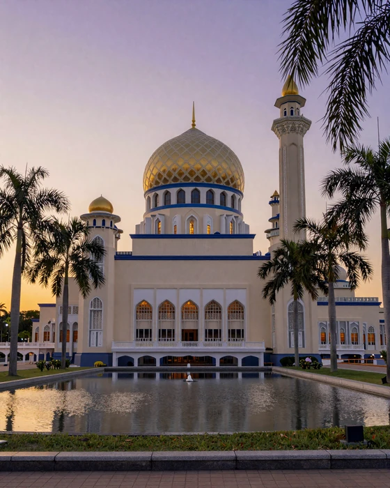 Malaysian mosque at dusk with golden dome reflecting in a serene pool surrounded by palm trees