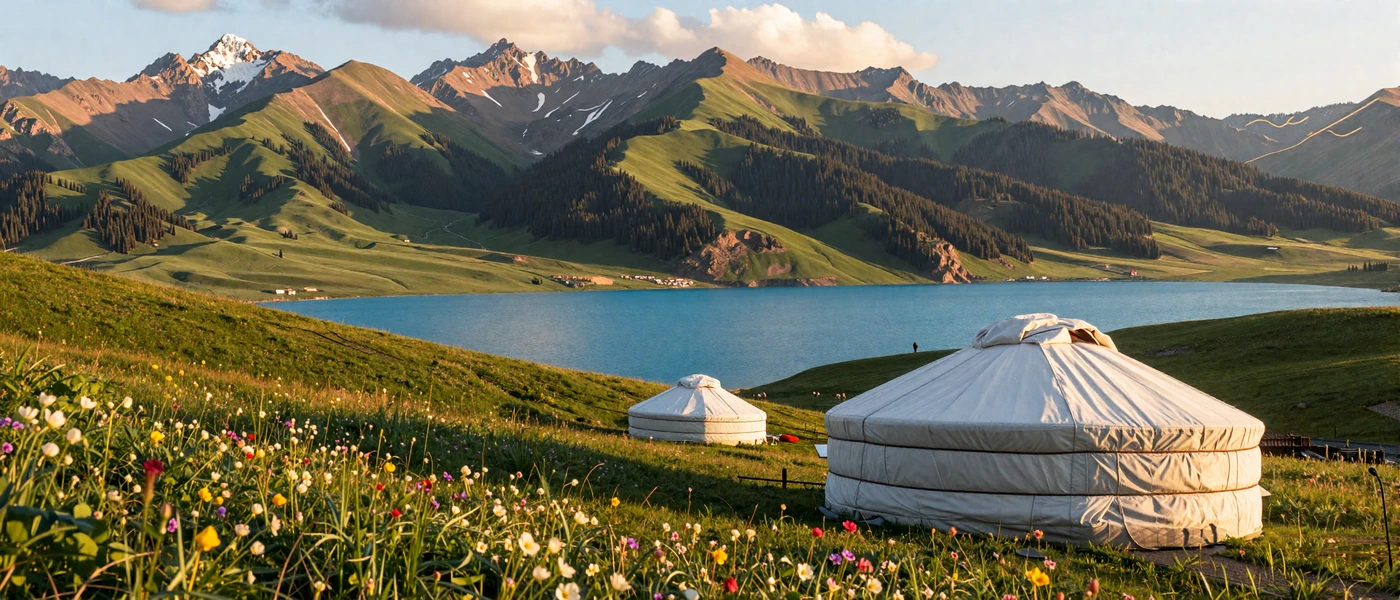Beautiful Kyrgyzstan mountain landscape with traditional yurts near Issyk-Kul Lake