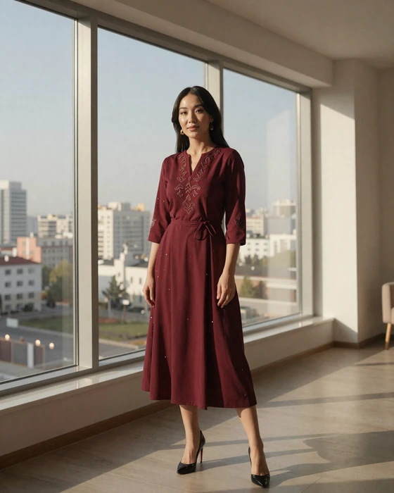 Confident Kazakh woman wearing modern dress with traditional embroidery details in a sunlit Almaty apartment