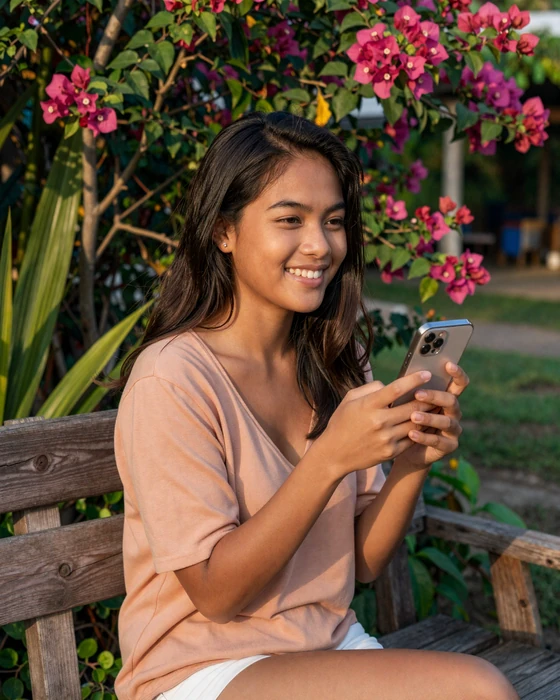 Filipino woman smiling warmly in a tropical garden, representing the warmth and hospitality of Filipina singles
