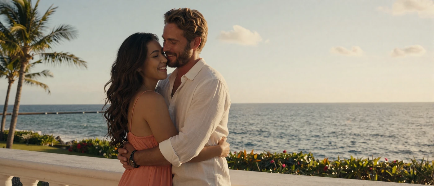 A happy American man and Filipino woman embracing on a seaside terrace at golden hour, representing Skobbler success stories