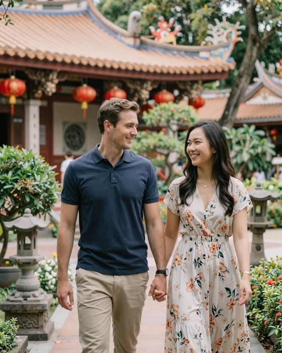 American man and Taiwanese woman enjoying a romantic walk through a traditional temple garden in Taiwan