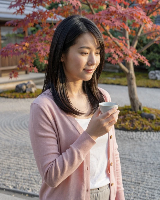 Elegant Japanese woman enjoying tea in a traditional zen garden, representing the refined beauty and grace of Japanese singles