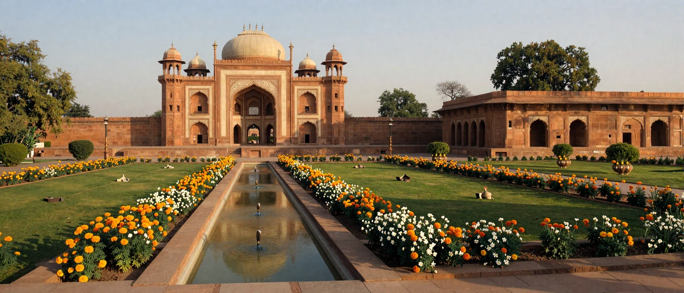 Elegant Indian palace garden with Mughal arches and blooming flowers, representing the rich cultural heritage of Indian women dating