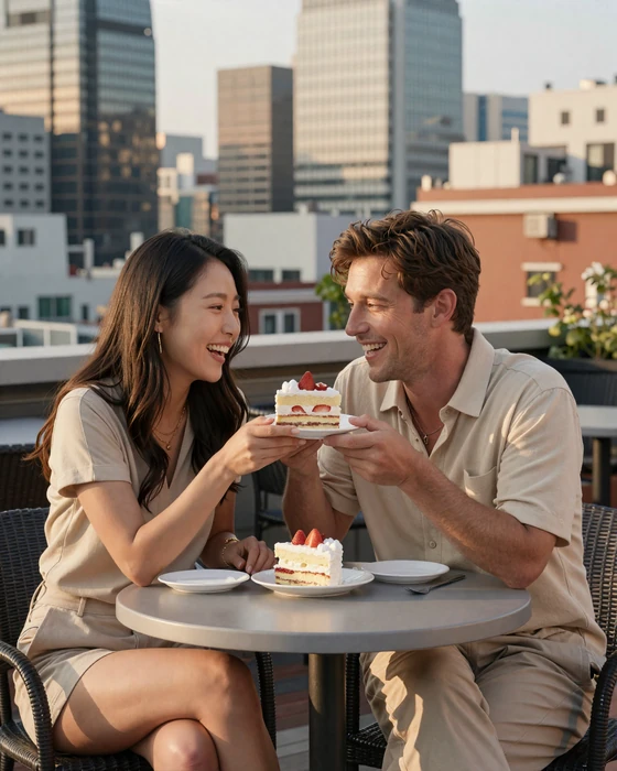 An American man and Korean woman enjoying a romantic afternoon at a Seoul rooftop cafe, representing cross-cultural Korean dating