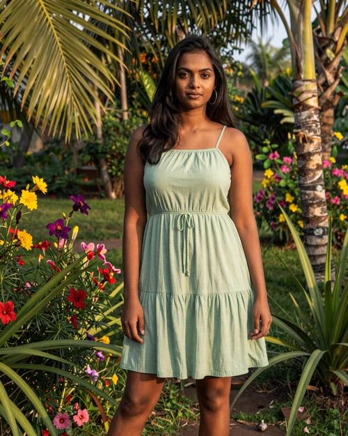 A graceful Sri Lankan woman in a tropical garden representing the natural beauty and warmth of Sri Lankan dating culture