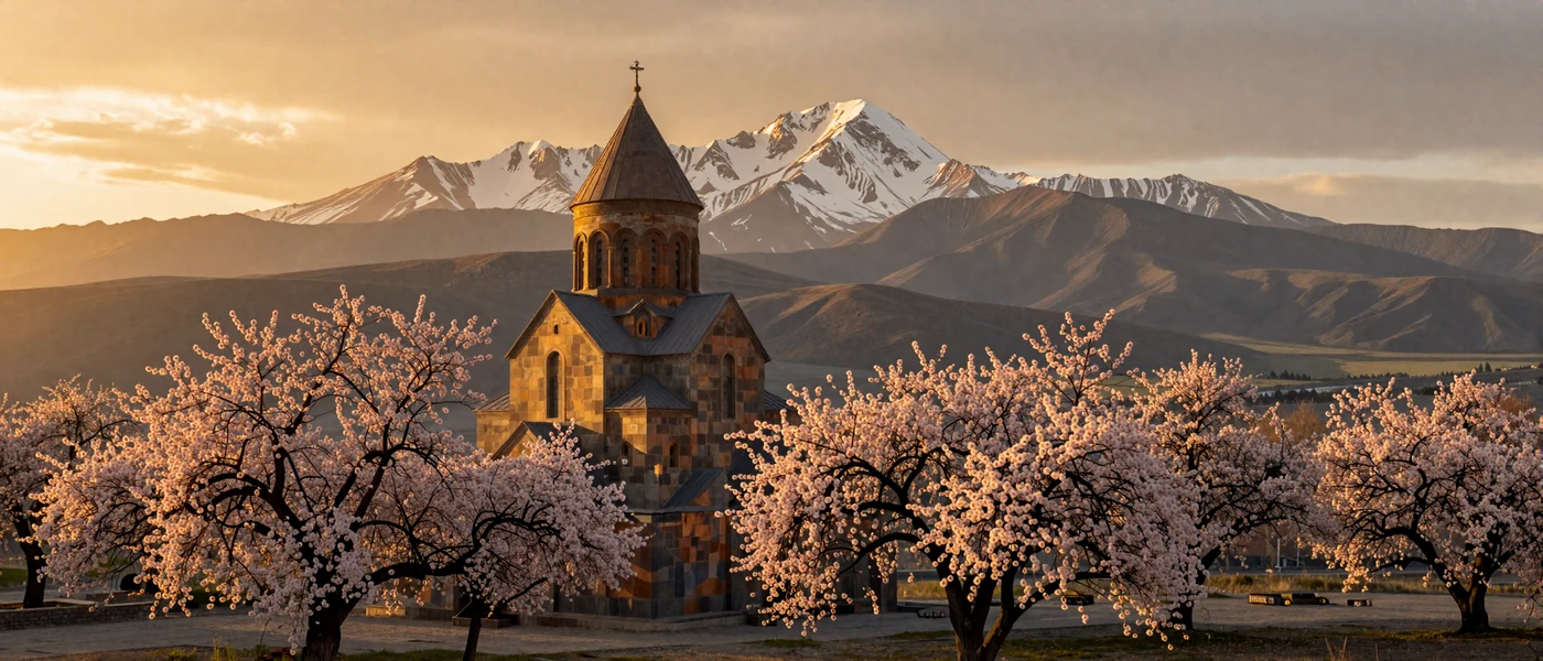 Ancient Armenian monastery at sunset with Mount Ararat in the background