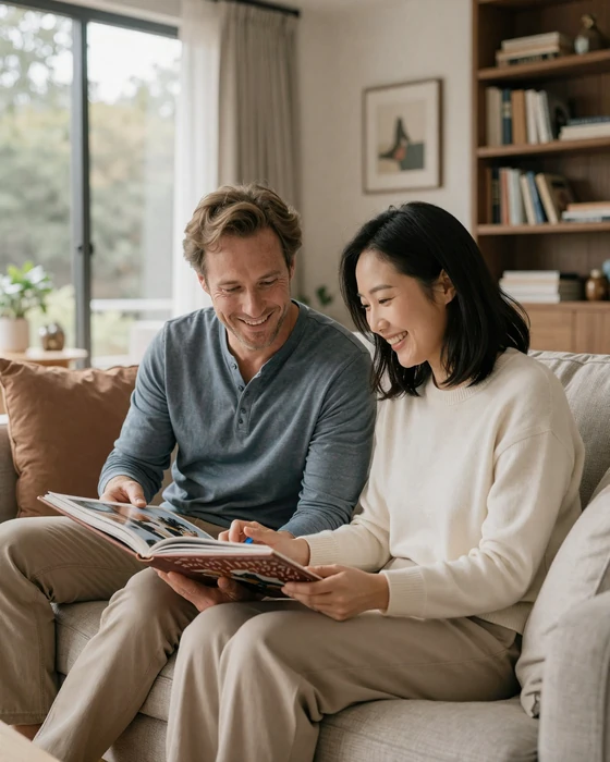 An American man and Korean woman sharing a joyful moment at home, reflecting the family-centered values Skobbler champions