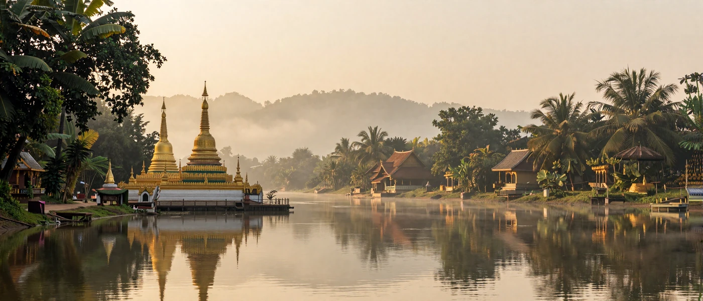 Serene Laotian landscape with golden Buddhist temples along the Mekong River