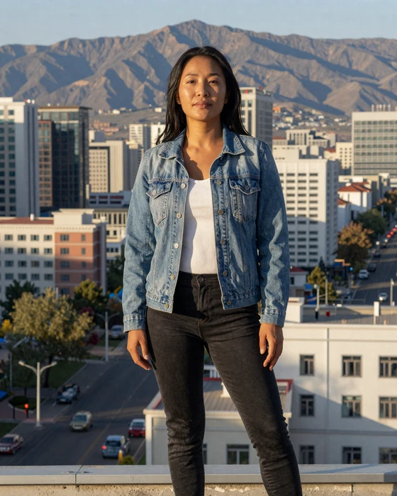 Confident Mongolian woman in casual attire standing in modern Ulaanbaatar with mountain backdrop