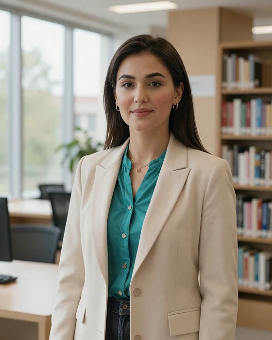 Modern Turkmen woman in professional attire standing confidently in a bright contemporary setting