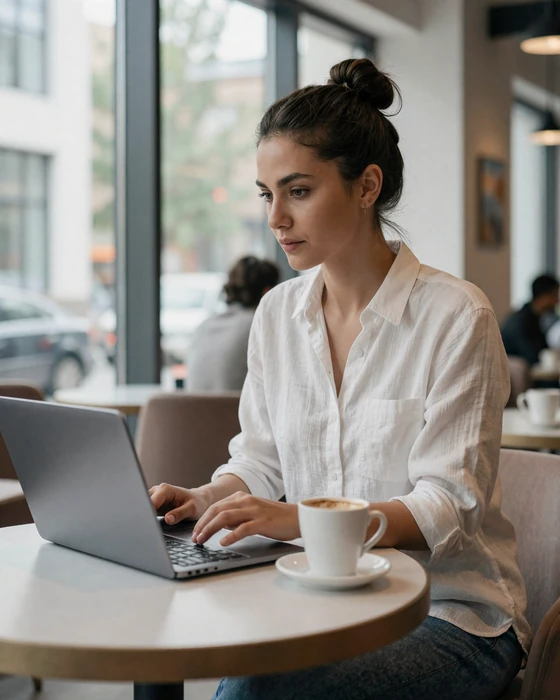 Modern Uzbek woman working at a stylish cafe in Tashkent representing the educated, ambitious Uzbek singles on Skobbler
