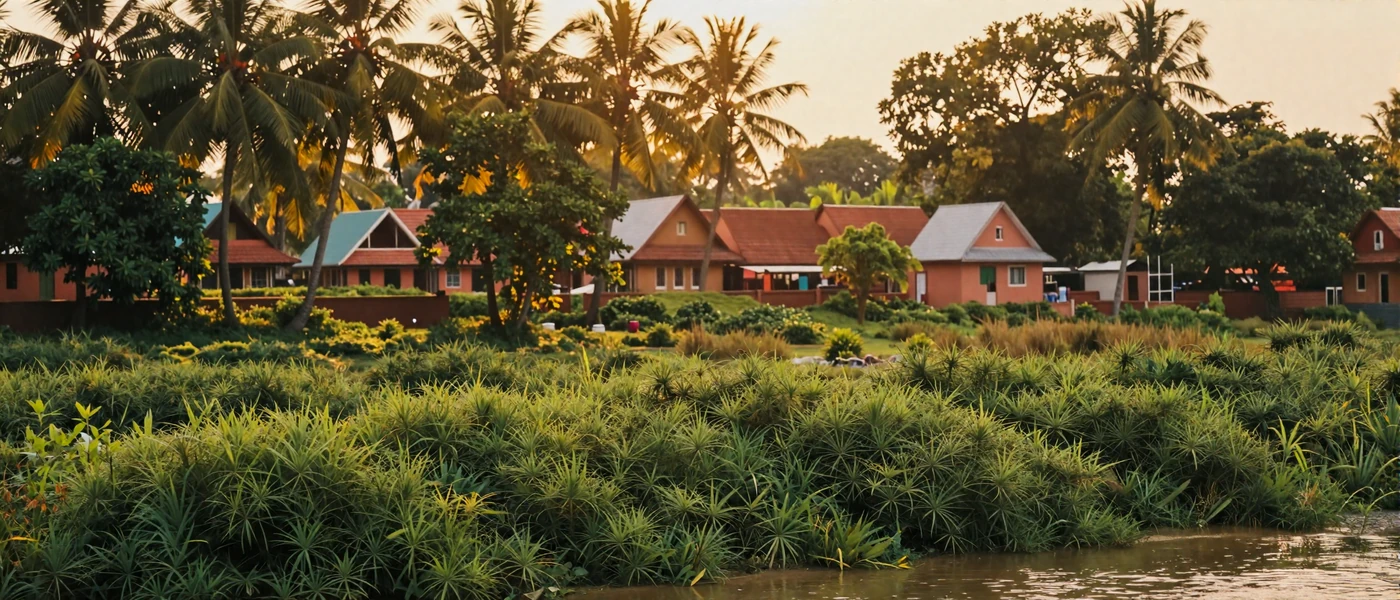 Lush green Bangladesh landscape with golden sunlight and tropical vegetation representing Bangladeshi dating culture