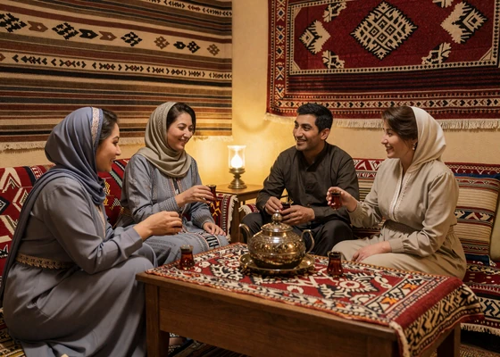 Turkmen multigenerational family gathering sharing tea in a room decorated with handwoven carpets