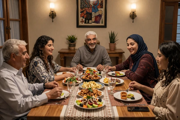 Jordanian family sharing a traditional meal together in a warm home setting