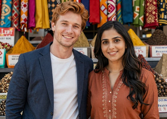 Kevin from Chicago and Priyanka from India standing together at a colorful market, a couple matched on Skobbler