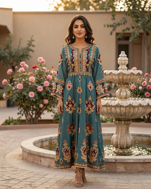 Afghan woman in traditional embroidered dress standing in a garden courtyard at golden hour