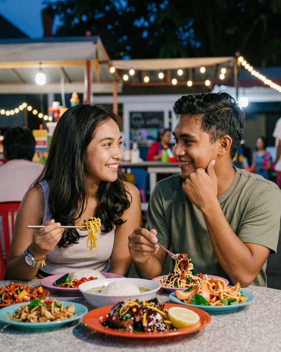 Happy couple enjoying traditional Indonesian food at a warung, sharing a warm romantic moment