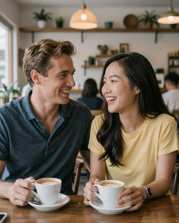 An American man and Vietnamese woman sharing coffee and laughing together at a cozy cafe in Vietnam