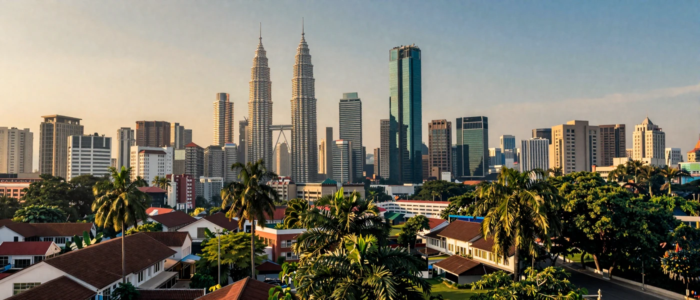 Beautiful Malaysian cityscape blending modern towers with traditional architecture at golden hour