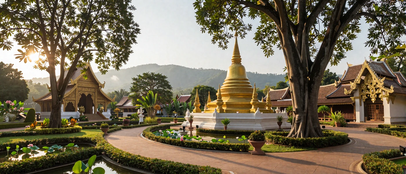 Scenic Thai temple garden in Chiang Mai with golden stupas and tropical greenery representing Thai dating culture