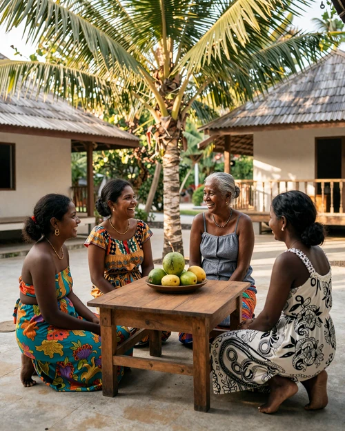 Maldivian women sharing a warm family gathering in a traditional island home