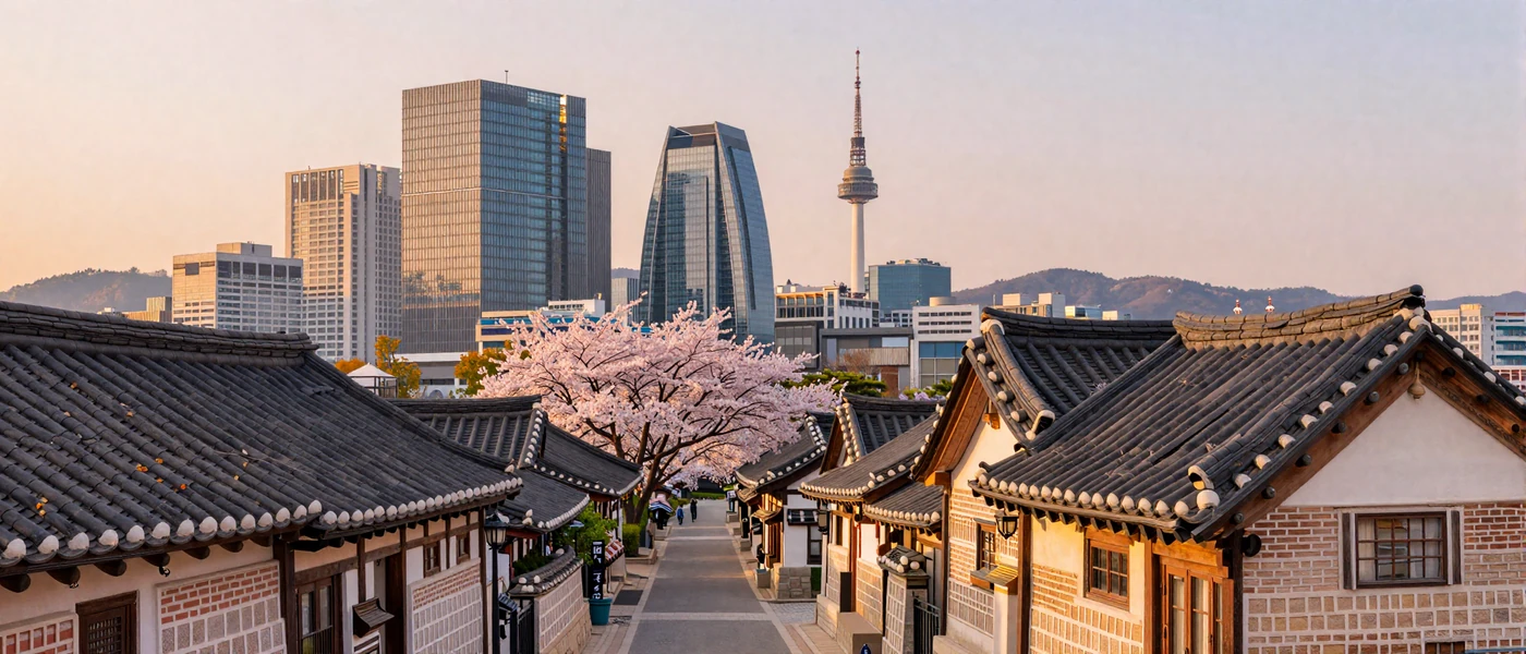 Seoul cityscape with traditional Bukchon Hanok Village and modern skyline representing the blend of tradition and modernity in Korean dating culture
