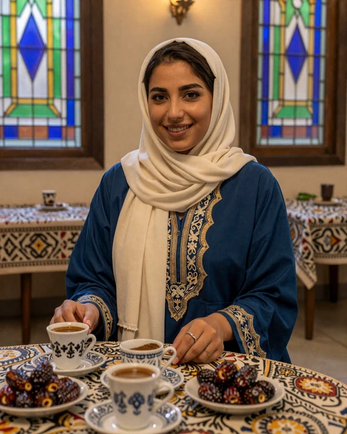 Yemeni woman sharing traditional Yemeni coffee in a warm setting with ornate window backdrop