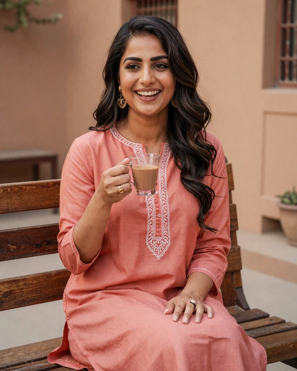 A Pakistani woman enjoying traditional chai tea in a warm courtyard setting, showcasing the inviting hospitality of Pakistani dating culture
