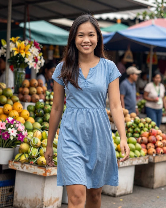 A young Cambodian woman walking through a vibrant local market showcasing authentic Khmer daily life