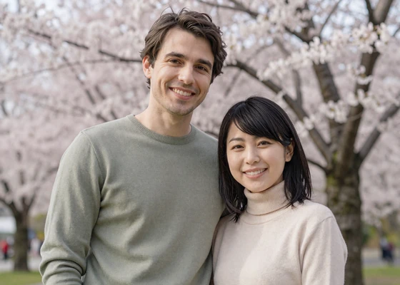 Michael from New York and Yumi from Japan smiling together among cherry blossom trees after meeting on Skobbler