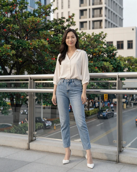 Stylish Taiwanese woman standing confidently in a modern Taipei urban setting