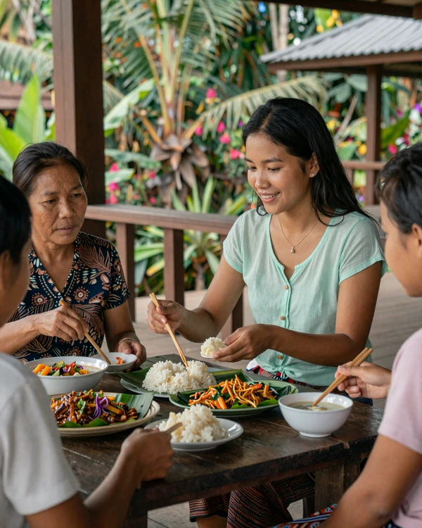 A young Laotian woman sharing a traditional meal with her mother on a family porch