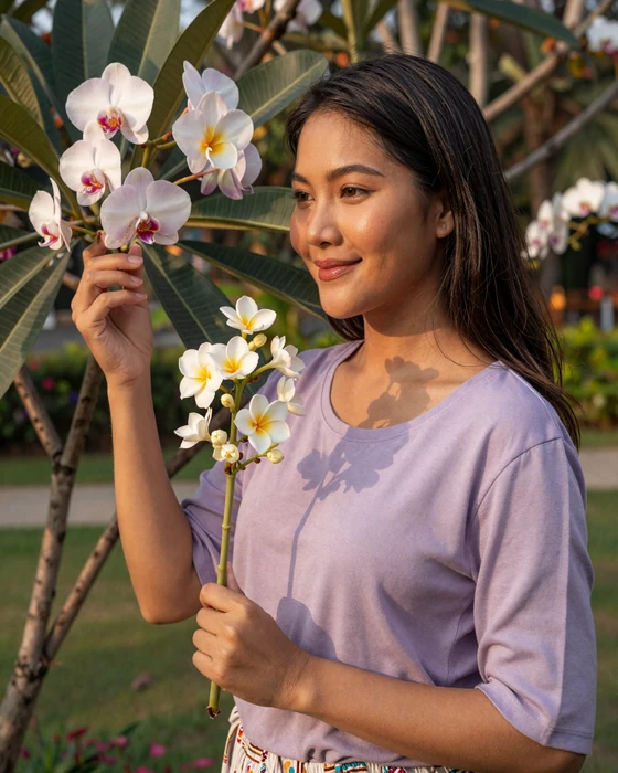Thai woman smiling warmly in a tropical garden with jasmine flowers, representing the grace and warmth of Thai singles