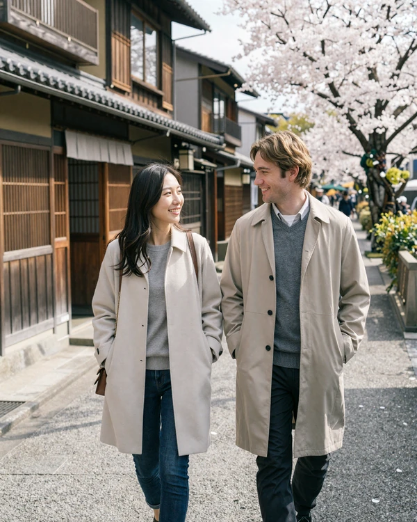 An American man and Japanese woman walking together through a charming Japanese neighborhood, representing cross-cultural connection