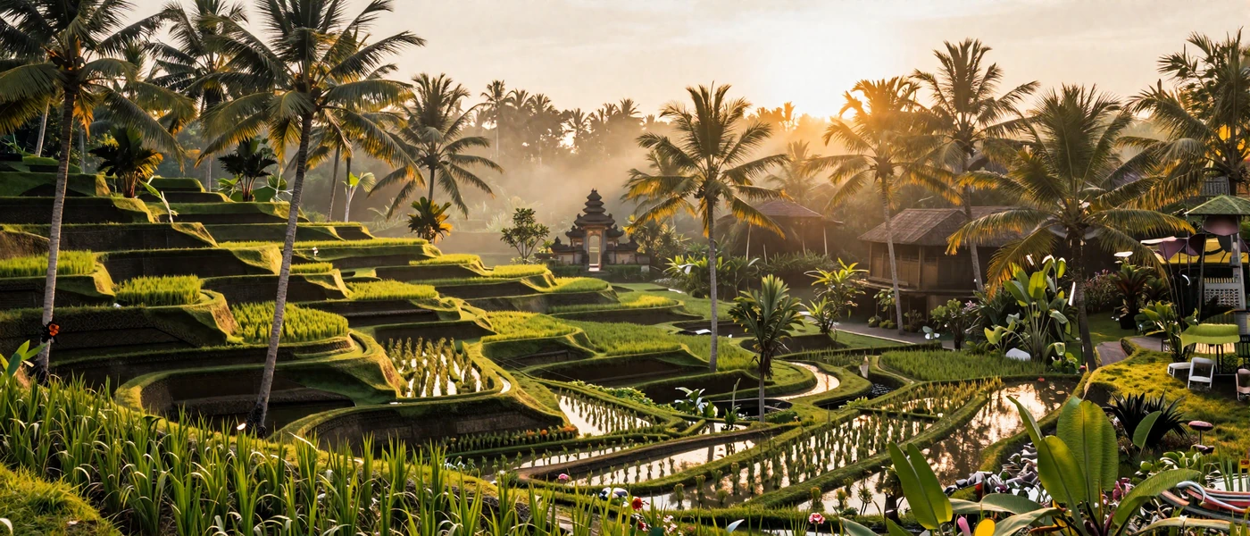 Beautiful Indonesian tropical landscape with rice terraces and temple in Bali